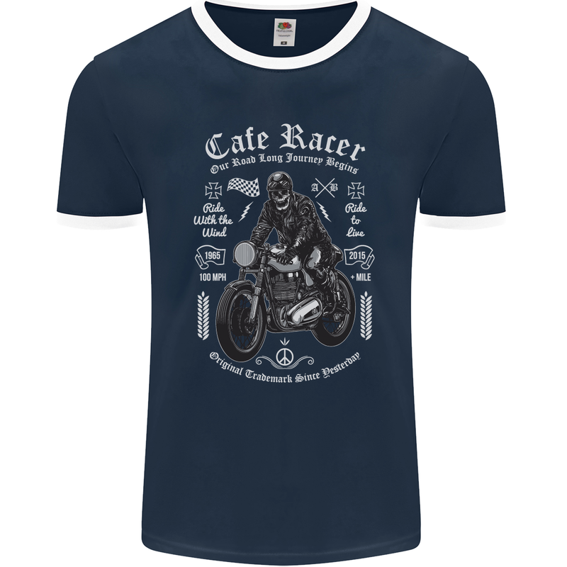 Cafe Racer Motorcycle Motorbike Biker Mens Ringer T-Shirt FotL Navy Blue/White