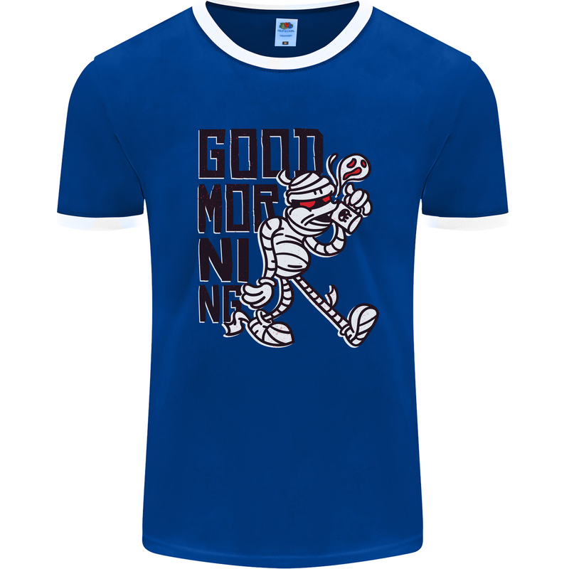 Good Morning Mummy Coffee Halloween Mens White Ringer T-Shirt Royal Blue/White