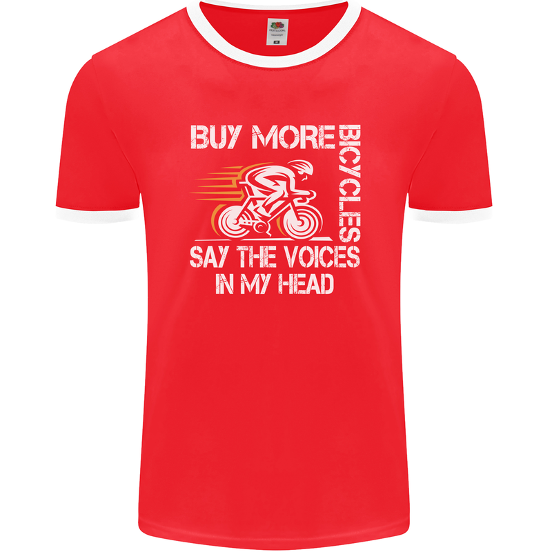 Cycling Buy More Bicycles Funny Cyclist Mens Ringer T-Shirt FotL Red/White