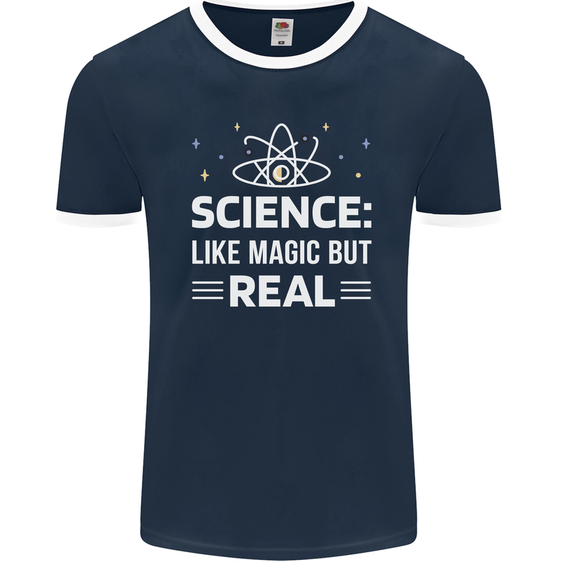 Science Like Magic But Real Funny Nerd Geek Mens Ringer T-Shirt FotL Navy Blue/White