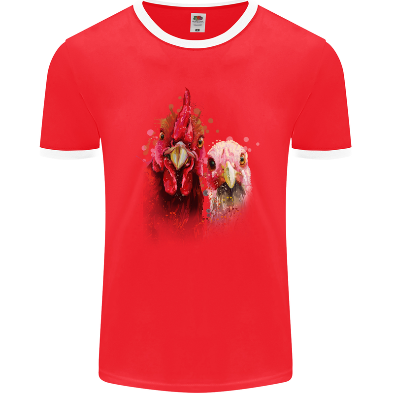 Two Colourful Chickens Watercolour Mens Ringer T-Shirt FotL Red/White