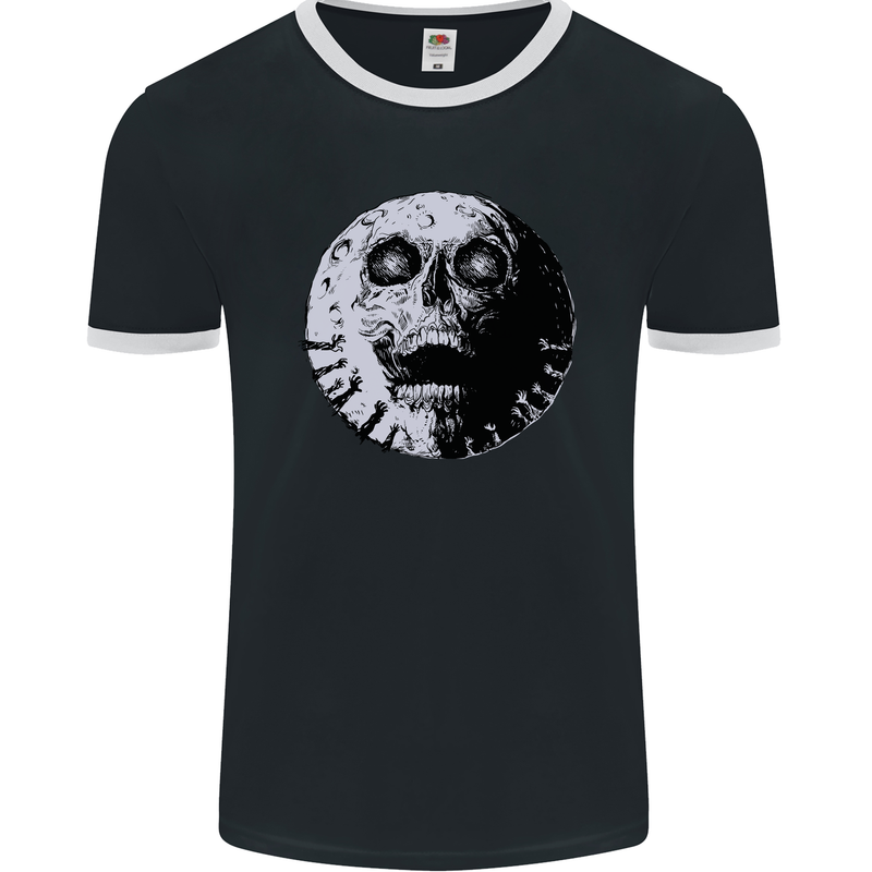 Skull Moon Gothic Halloween Zombie Biker Mens Ringer T-Shirt FotL Black/White