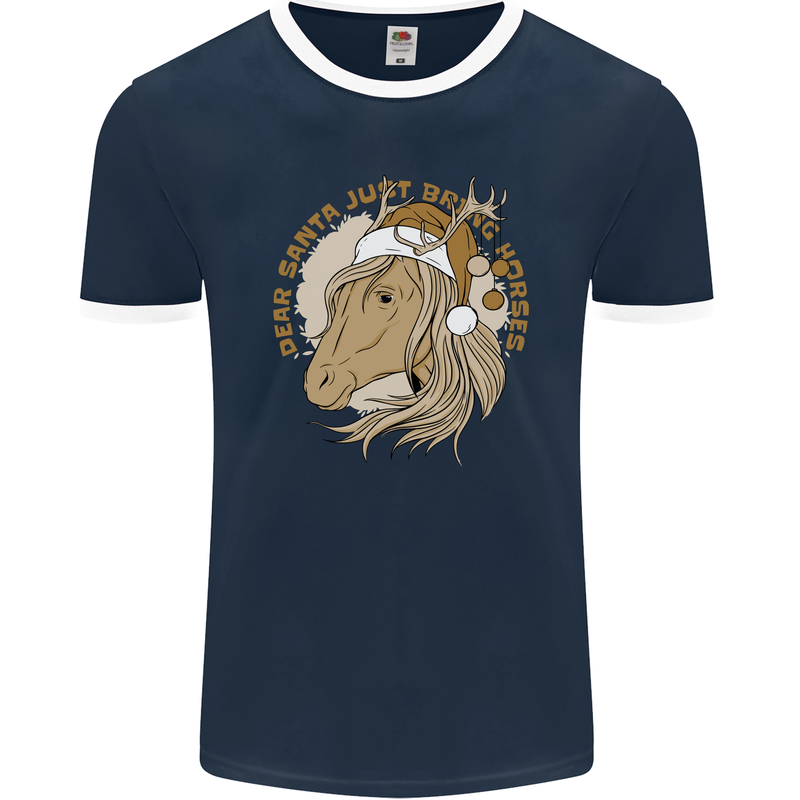 Funny Christmas Horse Equestrian Santa Mens Ringer T-Shirt FotL Navy Blue/White