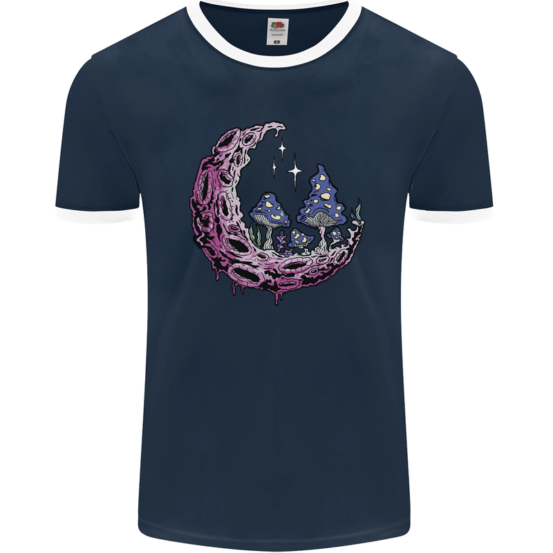 Trippy Magic Mushroom Moon LSD Psychedelic Mens Ringer T-Shirt FotL Navy Blue/White