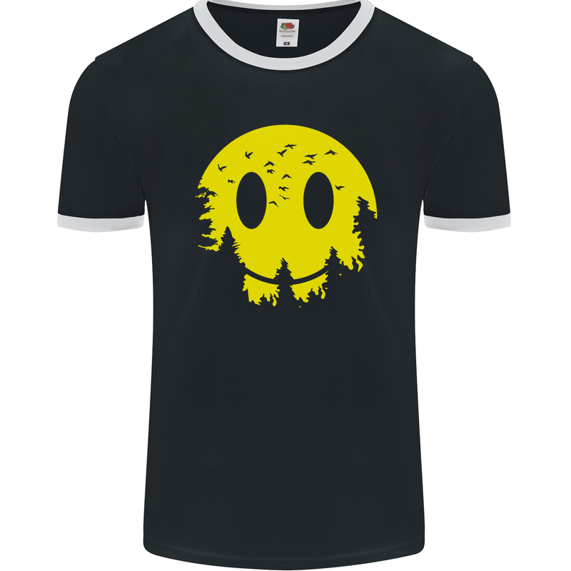 Happy Moon Smiling Acid Face 90's Mens Ringer T-Shirt FotL Black/White