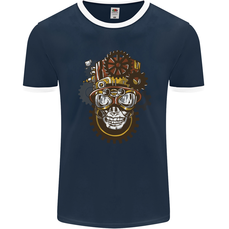 Steampunk Skull Mens Ringer T-Shirt FotL Navy Blue/White