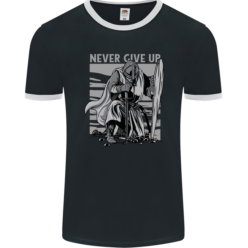 Teutonic Knight Never Give Up Crusader Gym Mens Ringer T-Shirt FotL Black/White