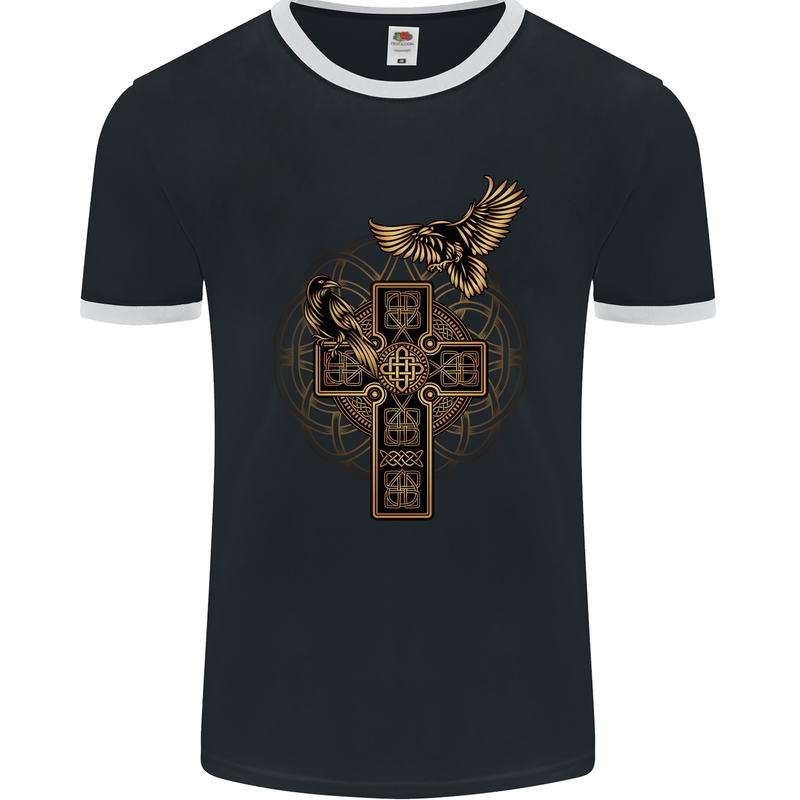 Odins Celtic Raven Viking Thor Ragnar Norse Mens Ringer T-Shirt FotL Black/White