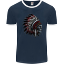 Indian Skull Headdress Biker Motorcycle Mens Ringer T-Shirt FotL Navy Blue/White