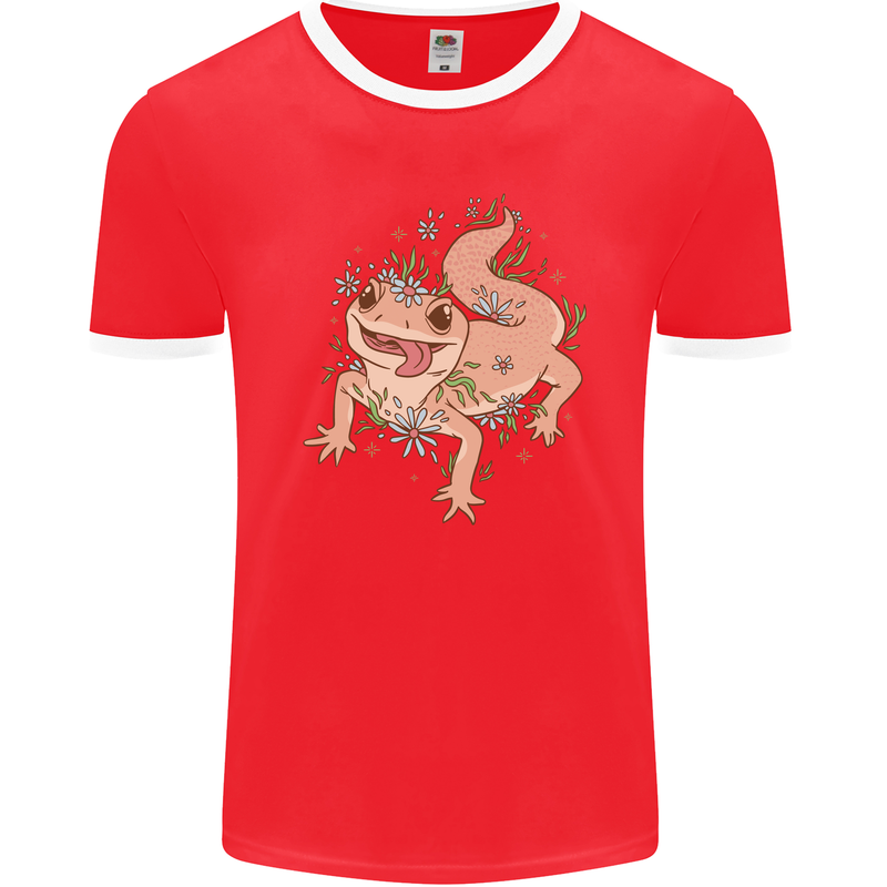 Gekko With Flowers Lizards Mens Ringer T-Shirt FotL Red/White