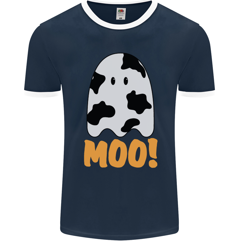 Moo Funny Cow Ghost Halloween Spooky Mens Ringer T-Shirt FotL Navy Blue/White