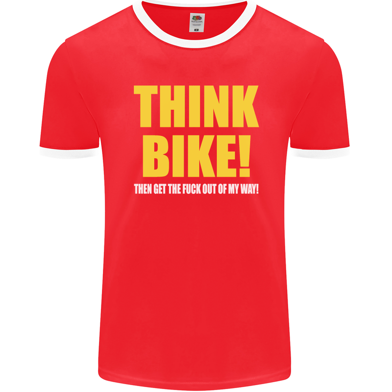 Think Bike! Cycling Biker Motorbike Bicycle Mens Ringer T-Shirt FotL Red/White