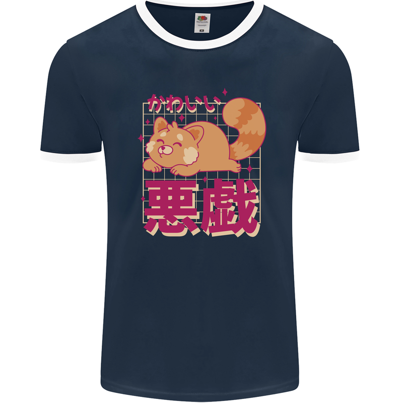 Kawaii Red Panda Japanese Cute Mens Ringer T-Shirt FotL Navy Blue/White