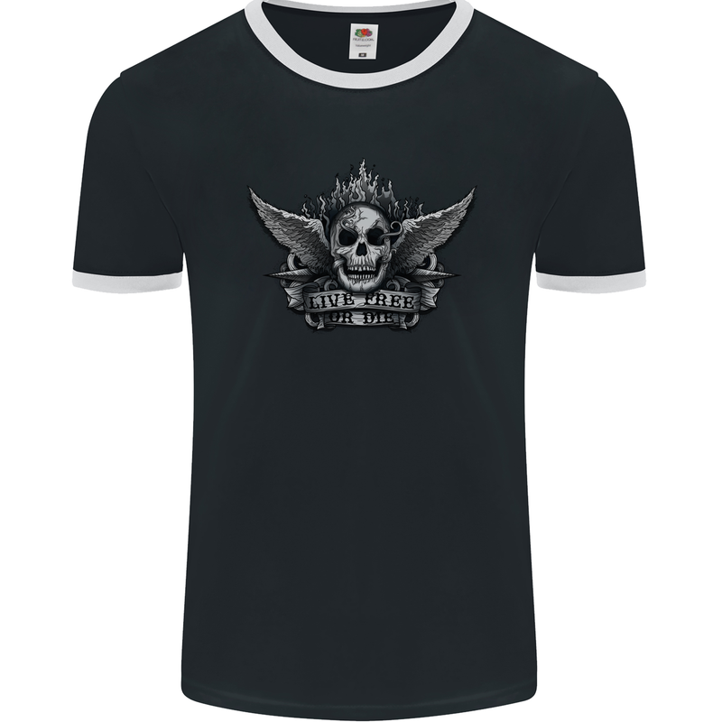 Skull Live Free or Die Mens Ringer T-Shirt FotL Black/White