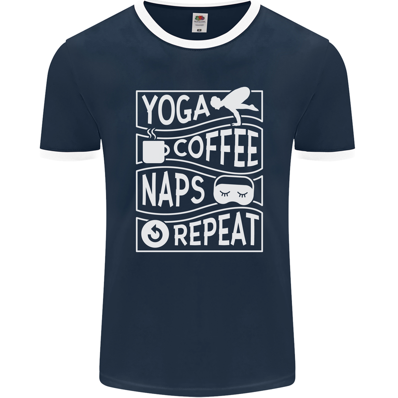 Yoga Coffee Naps Repeat Funny Mens Ringer T-Shirt FotL Navy Blue/White