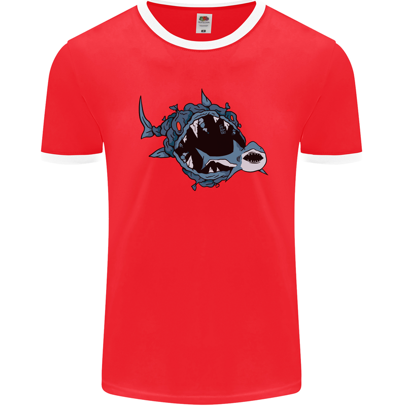 Pollution Great White Shark Climate Change Mens Ringer T-Shirt FotL Red/White