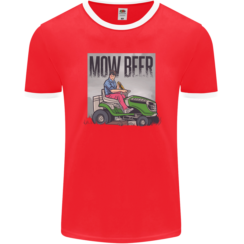 Mow Beer Funny Lawnmower Alcohol Gardening Mens Ringer T-Shirt FotL Red/White