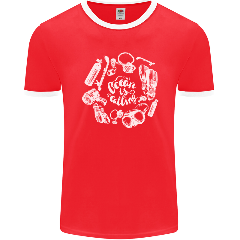 The Ocean Is Calling Scuba Diving Diver Mens Ringer T-Shirt FotL Red/White