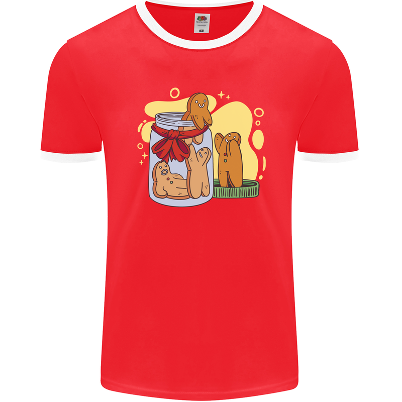 Gingerbread Man Escape Funny Food Mens Ringer T-Shirt FotL Red/White