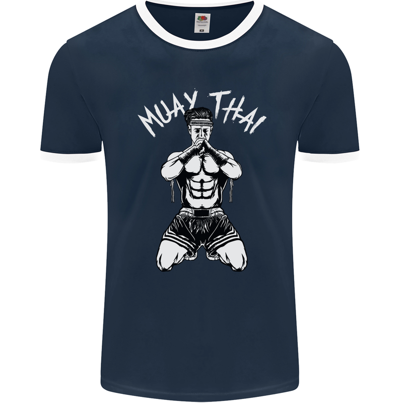 Muay Thai Fighter Mixed Martial Arts MMA Mens Ringer T-Shirt FotL Navy Blue/White