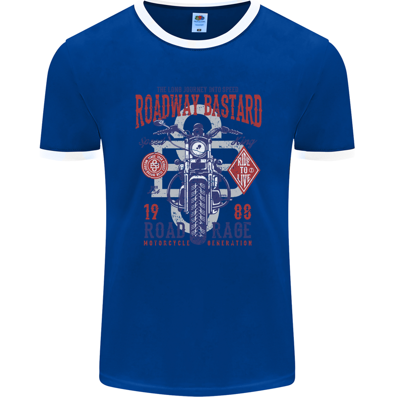 Roadway Bastard Motorcycle Biker Motorbike Mens Ringer T-Shirt FotL Royal Blue/White