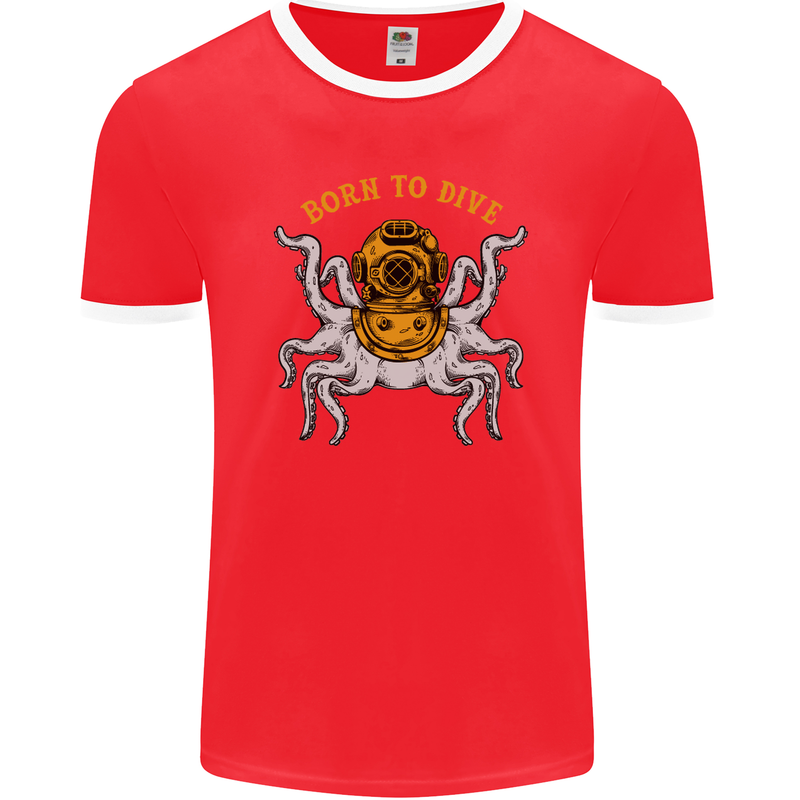 Born to Dive Octopus Scuba Diving Diver Mens Ringer T-Shirt FotL Red/White