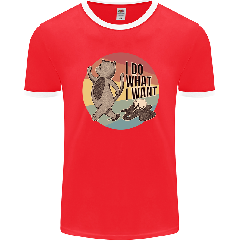 Cat I Do What I Want Funny Coffee Mens Ringer T-Shirt FotL Red/White