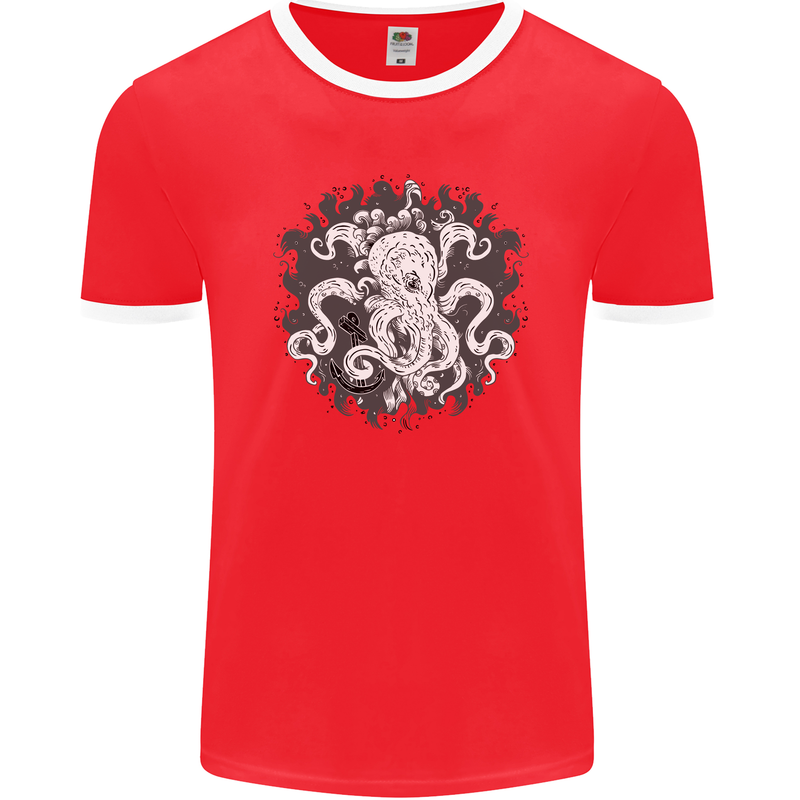 An Octopus in the Deep Ocean Sailor Sailing Mens Ringer T-Shirt FotL Red/White