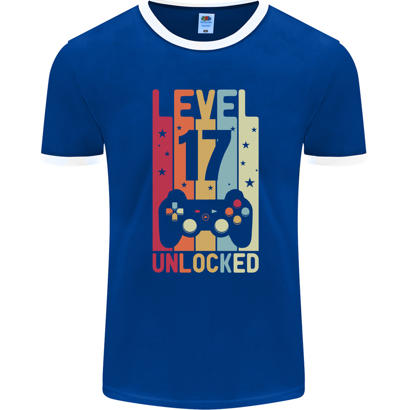 17th Birthday 17 Year Old Level Up Gamming Mens Ringer T-Shirt FotL Royal Blue/White