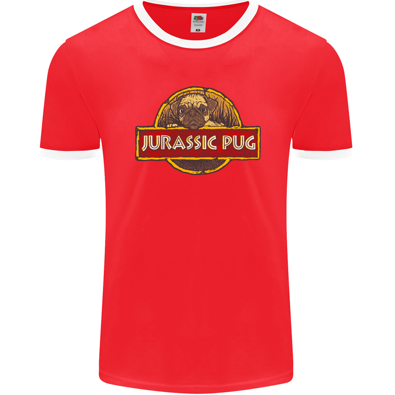 Jurassic Pug Funny Dog Movie Parody Mens Ringer T-Shirt FotL Red/White