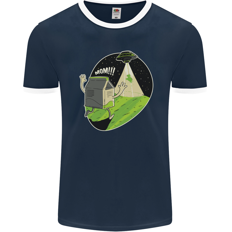 Cow Abduction Funny Alien UFO Food Mens Ringer T-Shirt FotL Navy Blue/White