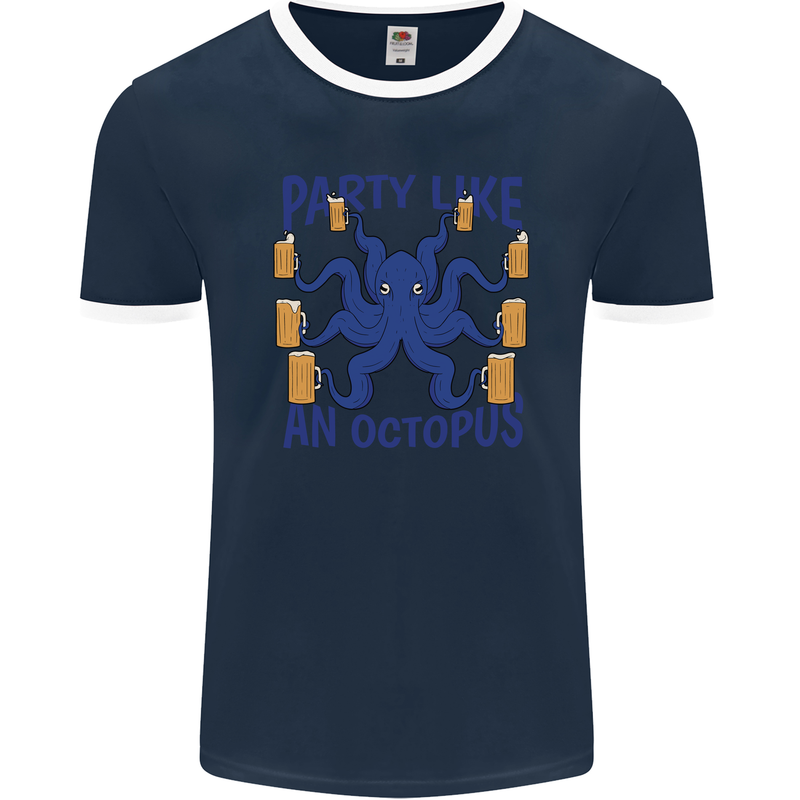 Beer Party Octopus Scuba Diving Diver Funny Mens Ringer T-Shirt FotL Navy Blue/White