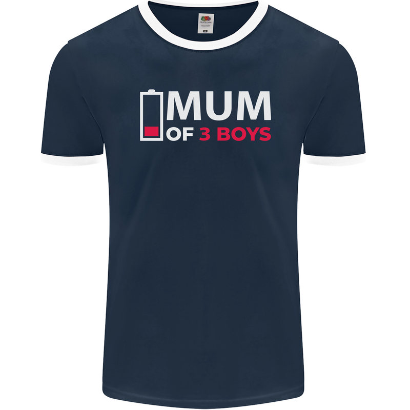 Mum of 3 Boys Funny Mother's Day Mens Ringer T-Shirt FotL Navy Blue/White