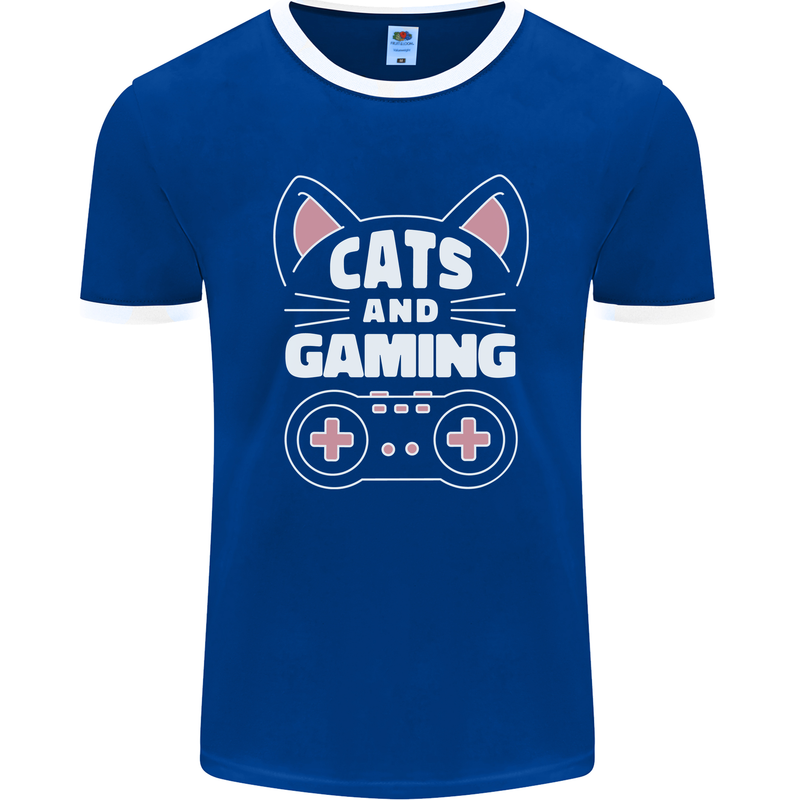 Cats and Gaming Funny Gamer Mens Ringer T-Shirt FotL Royal Blue/White