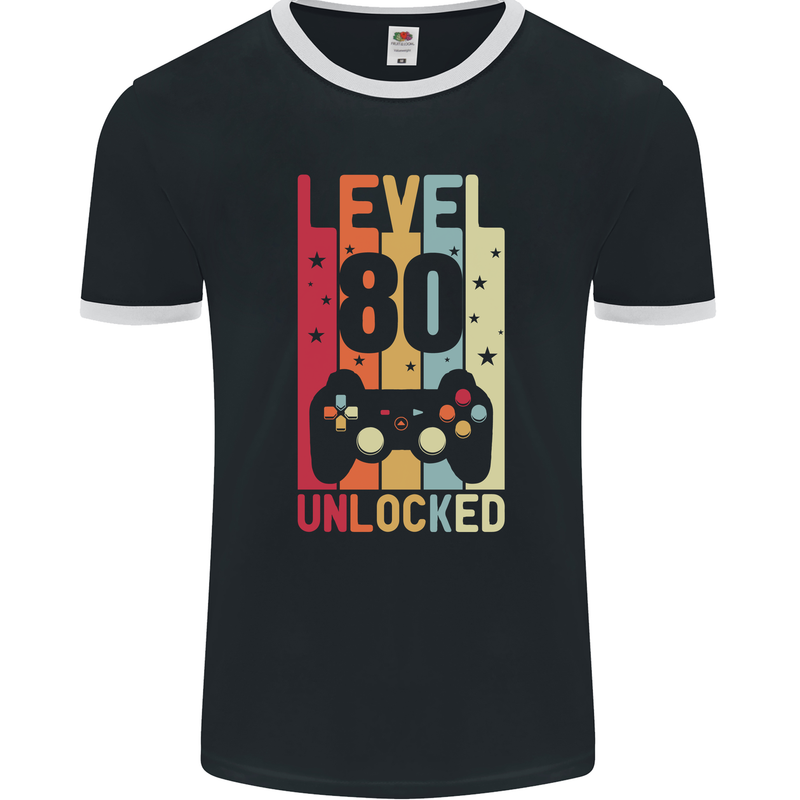 80th Birthday 80 Year Old Level Up Gamming Mens Ringer T-Shirt FotL Black/White