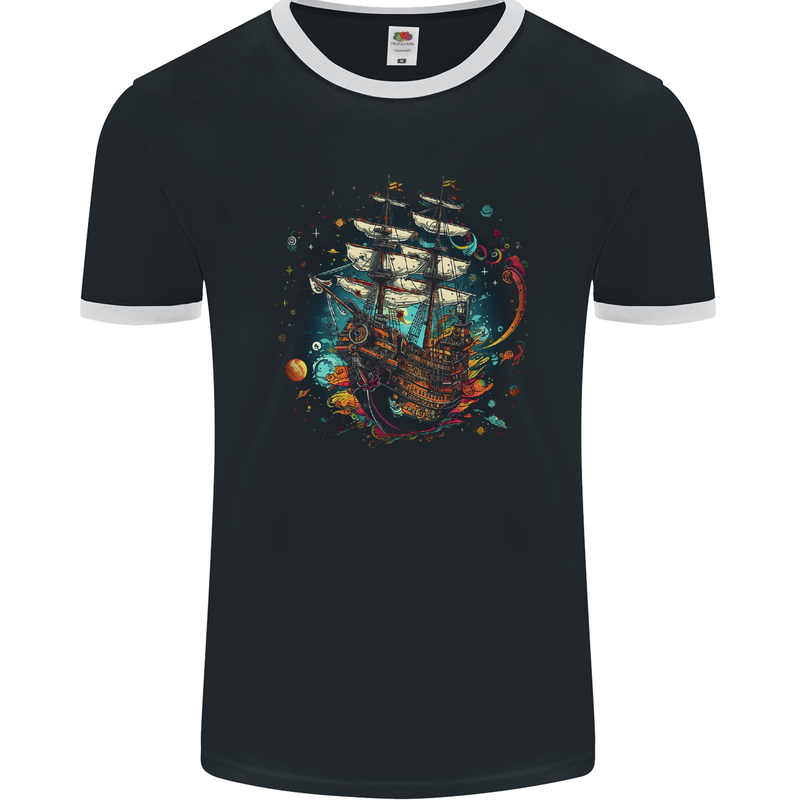 Space Ship Fantasy Galleon Sailing Sailor Mens Ringer T-Shirt FotL Black/White