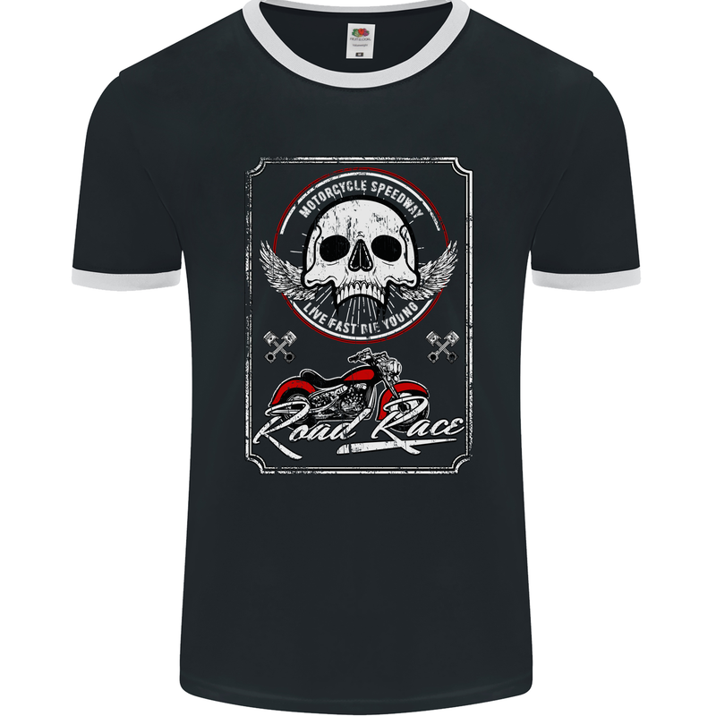 Motorcycle Road Race Biker Motorbike Skull Mens Ringer T-Shirt FotL Black/White