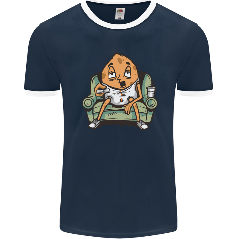 Funny Lazy Couch Potato Watchng TV Mens Ringer T-Shirt FotL Navy Blue/White