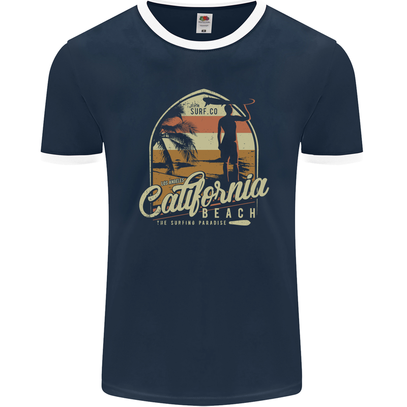 California Beach Surfing Surf Surfer Mens Ringer T-Shirt FotL Navy Blue/White