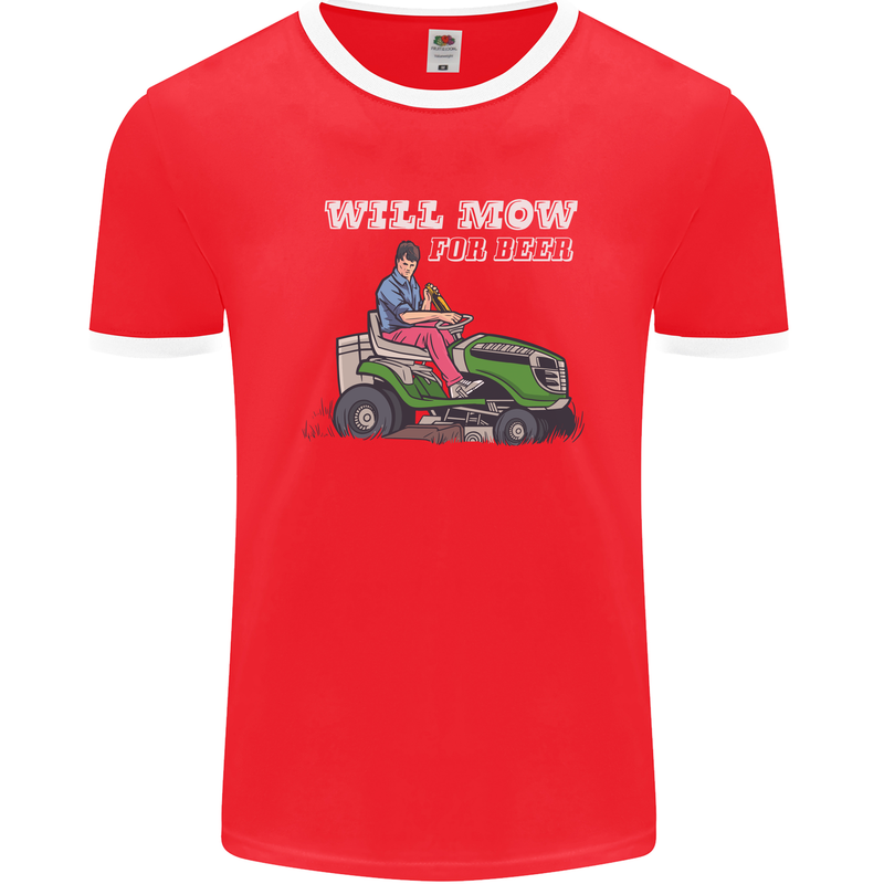 Will Mo the Lawn For Beer Funny Alcohol Mens Ringer T-Shirt FotL Red/White