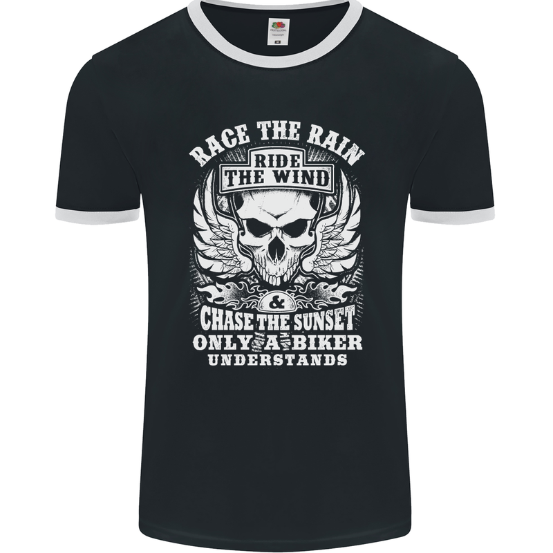 Race the Wind Biker Motorcycle Motorbike Mens Ringer T-Shirt FotL Black/White