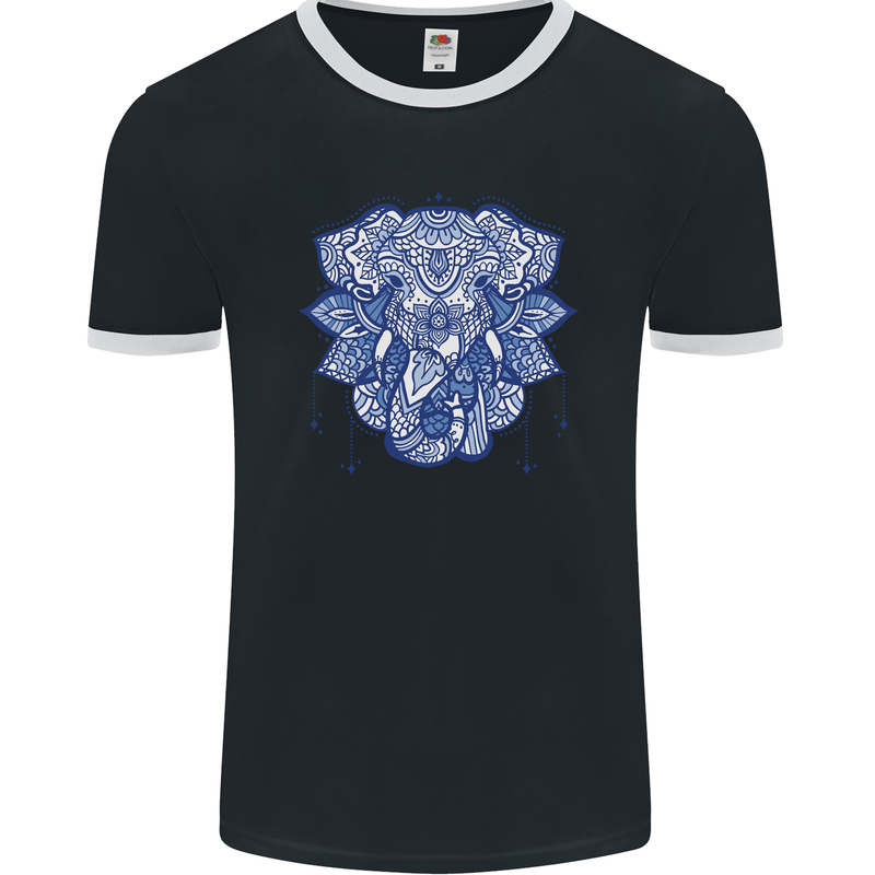 Elephant Mandala Art Mens Ringer T-Shirt FotL Black/White