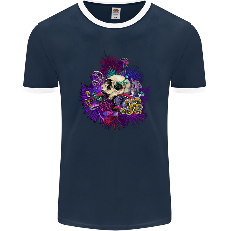 Magic Mushroom Skull LSD Hallucinogenic Mens Ringer T-Shirt FotL Navy Blue/White