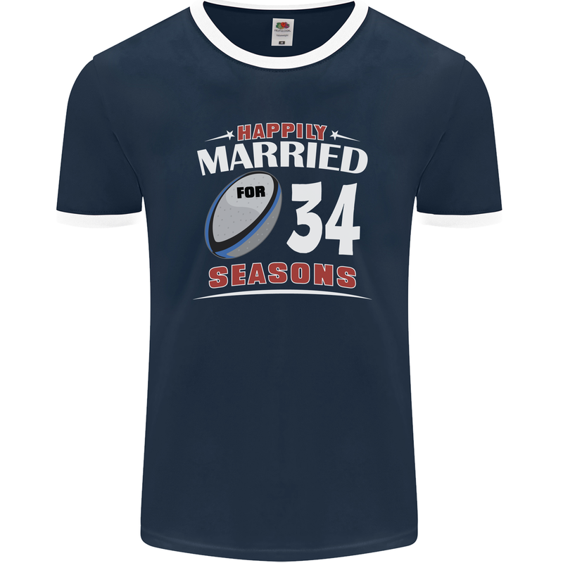 34 Year Wedding Anniversary 34th Rugby Mens Ringer T-Shirt FotL Navy Blue/White