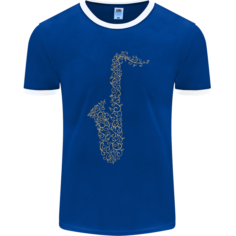 A Saxaphone Musical Instruments Brass Band Mens Ringer T-Shirt FotL Royal Blue/White