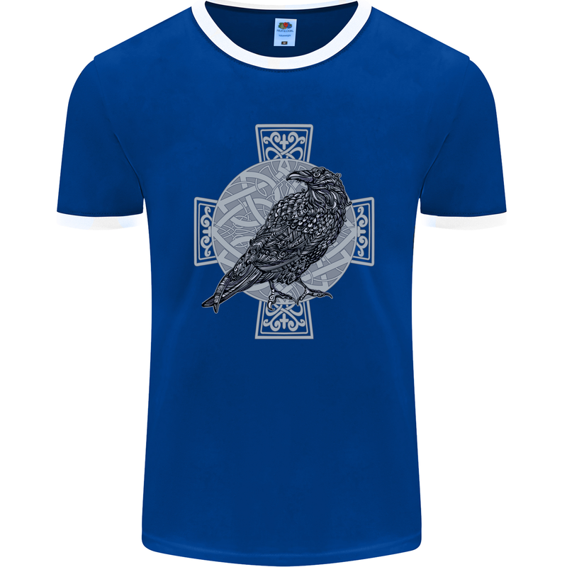 Odin Celtic Raven Viking Tattoo Cross Runic Mens Ringer T-Shirt FotL Royal Blue/White
