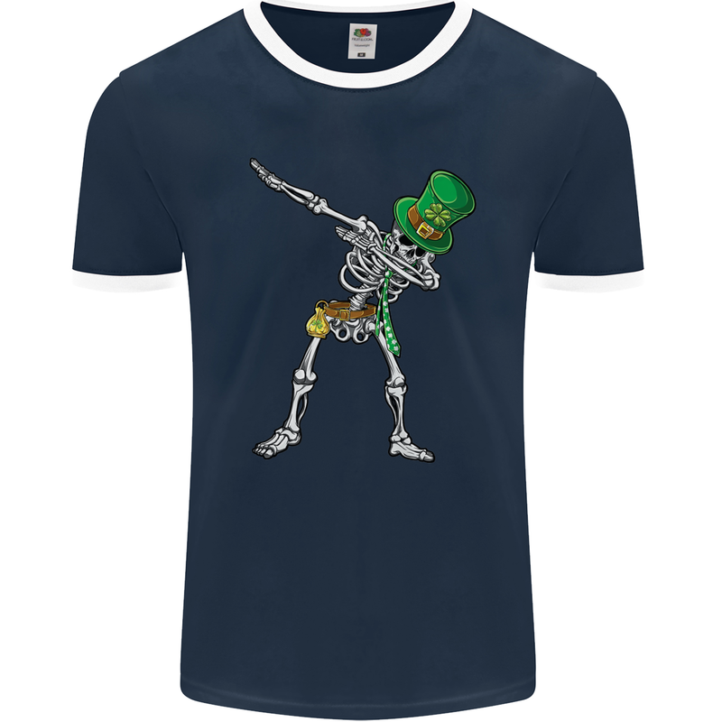 St Patricks Day Dabbing Skeleton Skull Mens Ringer T-Shirt FotL Navy Blue/White