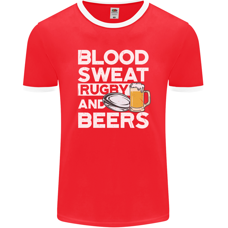 Blood Sweat Rugby and Beers Funny Mens Ringer T-Shirt FotL Red/White