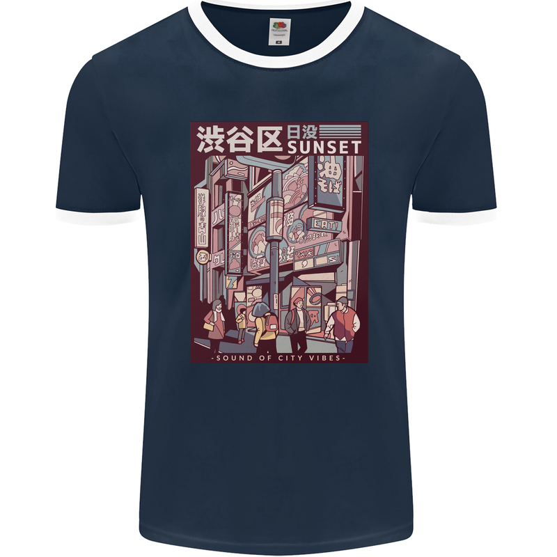 Japanese Sound of City Vibes Japan Mens Ringer T-Shirt FotL Navy Blue/White