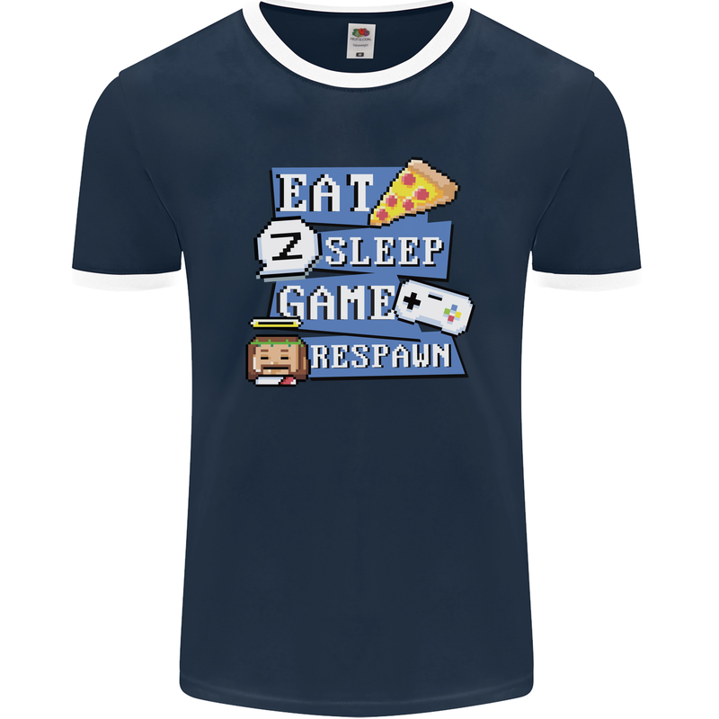 Gaming Eat Sleep Game Respawn Gamer Arcade Mens Ringer T-Shirt FotL Navy Blue/White